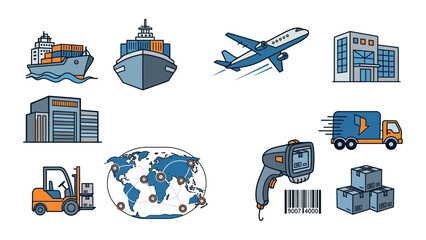 Supply chain and global logistics vector icons collection