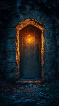 Mysterious stone doorway illuminated by an ethereal glow in shadowed ruins