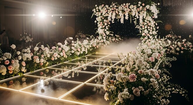 Elegant floral archway and illuminated pathway for special occasions