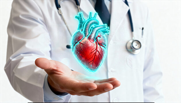 Doctor holding digital holographic heart, futuristic medical technology concept for cardiology and healthcare innovation.