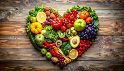 Heart-Shaped Arrangement of Fresh Fruits and Vegetables on Wooden Surface.