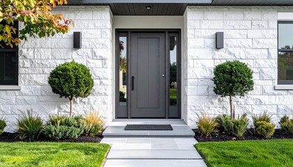 modern house entrance, stone facade, gray front door, topiary trees, black wall lights, manicured landscaping, contemporary architecture, home exterior design, symmetrical landscaping, stylish doorway