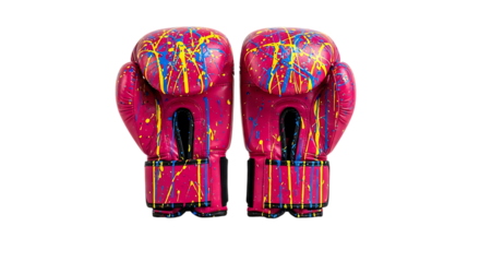 Vibrant pink boxing gloves adorned with colorful drips and stripes on a black background