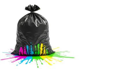 Black garbage bag with vibrant rainbow paint splattered around its base on a dark background