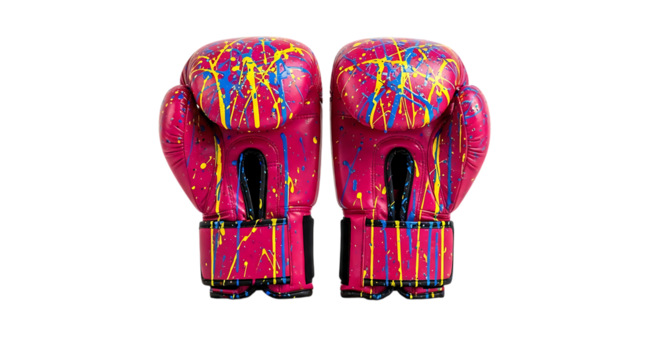Vibrant pink boxing gloves adorned with colorful drips and stripes on a black background