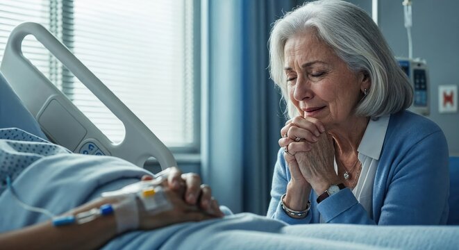 Elderly woman praying beside a hospital bed holding the hand of a sick loved one.