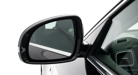 Close up of a modern car s side view mirror reflecting a road and interior details