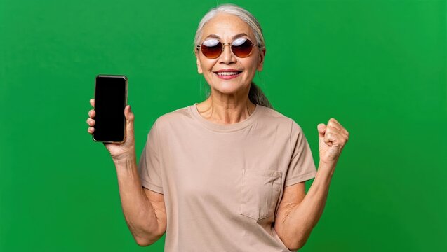 Happy senior asian woman celebrating success with smartphone against green chroma key background. - Powered by Adobe