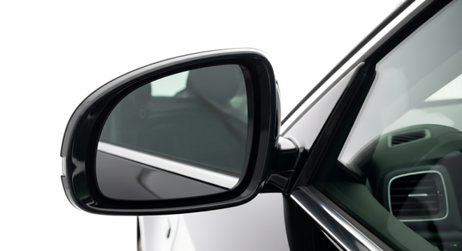 Close up of a modern car s side view mirror reflecting a road and interior details