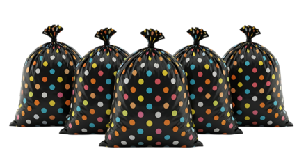 Five dark gift bags filled with colorful polka dots and tied at the top against a black background