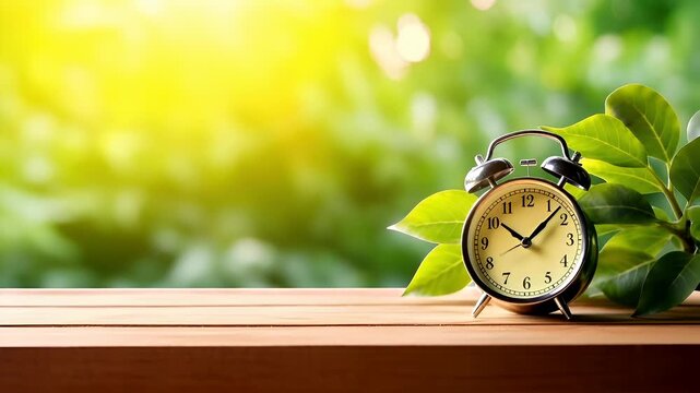 A closeup shot of a wooden table with a clock on it, set against a blurred green background. The clock has a yellow face with black numerals and hands.
