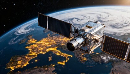 Satellite with solar panels orbiting Earth above Europe at night, showing global communication.