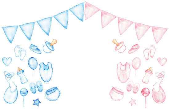 Gender reveal party horizontal banner with blue and pink decorations for event design. Template for baby shower, baptism, boy or girl party. Watercolor illustration. Isolated. Hand drawn. Copy space