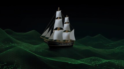 Stylized Digital Pirate Ship on Abstract Data Grid Waves in Dark Background