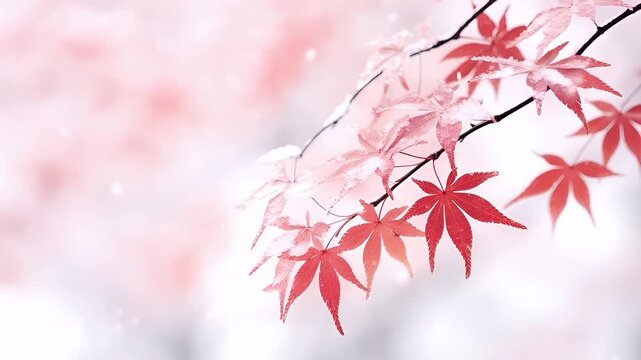 Acer palmatum Red Dragon Japanese maple leaves with snowflakes.