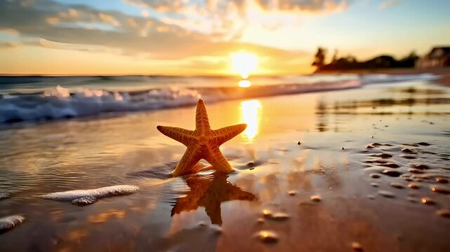 A closeup shot of a starfish on a beach during sunset. The starfish is the main subject, with its intricate patterns and vibrant colors standing out against the golden hues of the setting sun.