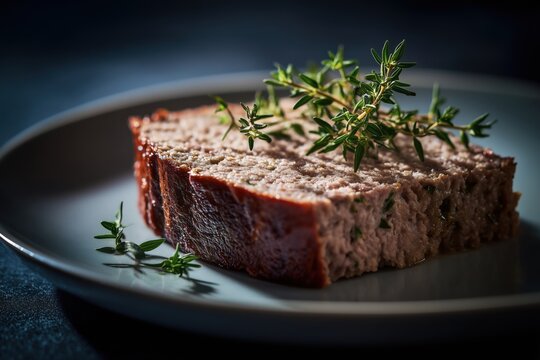A minimalist shot of a single, thick slice of German meatloaf on a clean, light plate, garnished with a sprig of fresh thyme