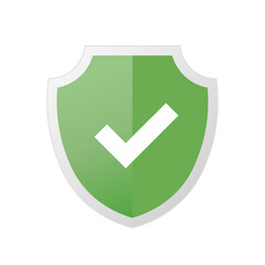 Green shield badge with check mark symbol, vector illustration of protection, security and approval concept, perfect for web icons, app interfaces, certificates, and safety design projects.