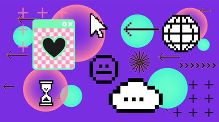 Vector illustration in vaporwave 8-bit pixel art style in purple, pink, and aqua colors. Collage of retro computer icons and web elements, simple geometric shapes.
