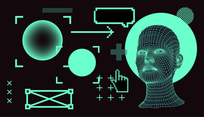 Futuristic wireframe head, digital interface icons, and geometric shapes in neon green on a black background. Cyberpunk style vector illustration with tech-inspired, minimalistic pixel art elements.