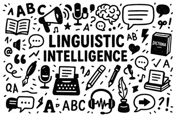Linguistic intelligence doodle composition with letters, writing, and communication icons, Transparent Background