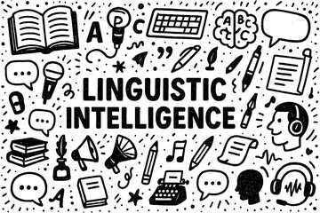 Linguistic intelligence doodle composition with letters, writing, and communication icons, Transparent Background
