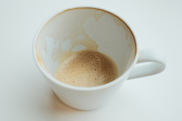 A close-up shot of a white cup with cappuccino foam remnants on the sides, soft lighting on a clean surface