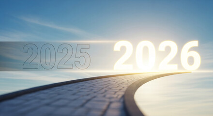Path leading to bright 2026, 2025 behind. Represents future hope, direction, and a goal, symbolising progress and the upcoming year anticipation