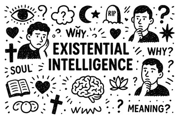 Existential intelligence doodle composition with philosophy, meaning, and life purpose symbols, Transparent Background