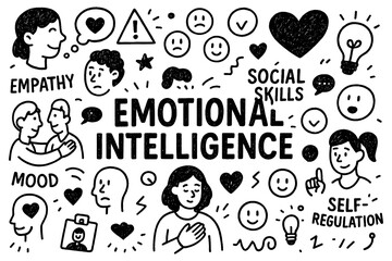 Emotional intelligence doodle composition with empathy, mood, and self-regulation icons, Transparent Background
