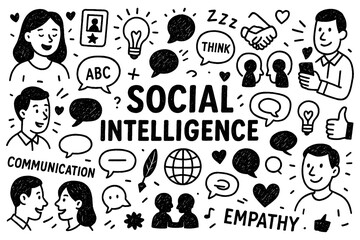 Social intelligence doodle composition with empathy, communication, and connection icons, Transparent Background