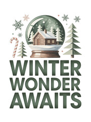 Charming winter scene with snow globe cabin, festive candy cane, and snowflakes, inviting cozy holiday spirit.