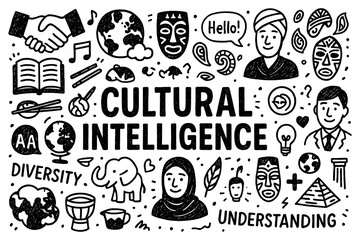 Cultural intelligence doodle composition with global diversity and communication icons, Transparent Background