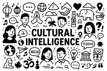 Cultural intelligence doodle composition with global diversity and communication icons, Transparent Background