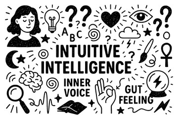 Intuitive intelligence doodle composition with awareness, symbols, and psychic insight icons, Transparent Background