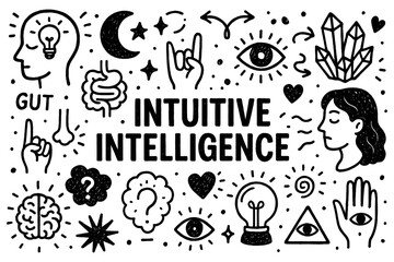 Intuitive intelligence doodle composition with awareness, symbols, and psychic insight icons, Transparent Background