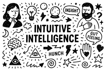 Intuitive intelligence doodle composition with awareness, symbols, and psychic insight icons, Transparent Background