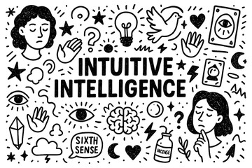 Intuitive intelligence doodle composition with awareness, symbols, and psychic insight icons, Transparent Background