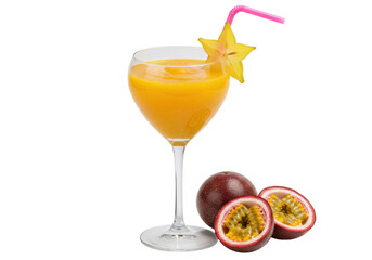 Isolated refreshing passion fruit juice in a cocktail glass with star fruit, no background