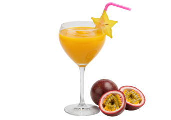 Isolated refreshing passion fruit juice in a cocktail glass with star fruit, no background
