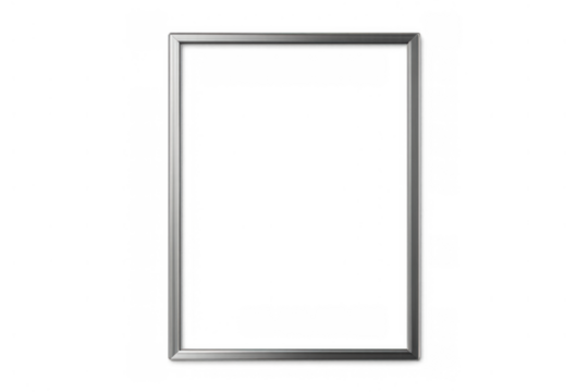 Silver metallic blank picture frame with transparent background, empty rectangular border for display mockup