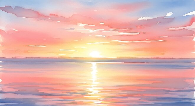 Watercolor painting depicts ethereal sunrise over calm ocean waters
