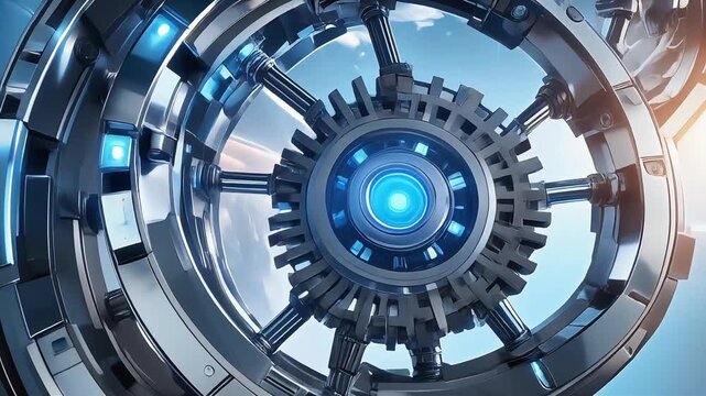Futuristic Mechanical Core Rotation &ndash; High-Tech Engine Animation with Blue Energy Light