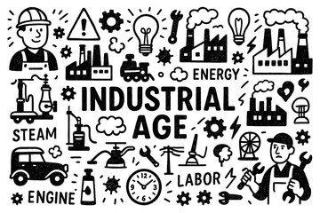 Industrial age doodle composition with factory, workers, and machinery icons, Transparent Background