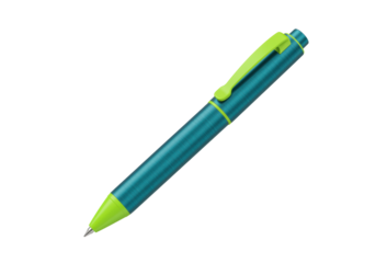 Isolated teal ballpoint pen with green accents, writing instrument on neutral surface