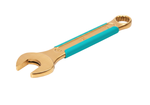 Isolated combination wrench featuring box end and open end, a dual purpose tool for fasteners