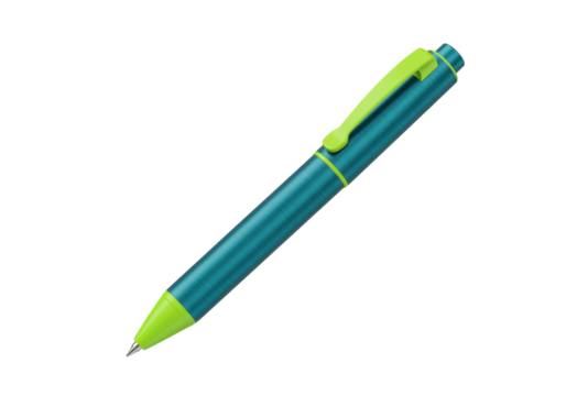 Isolated teal ballpoint pen with green accents, writing instrument on neutral surface