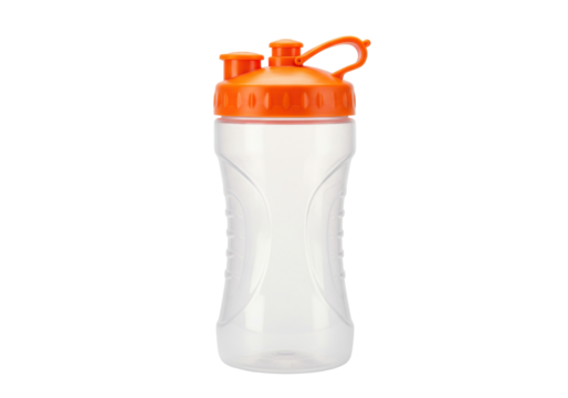 Isolated Transparent water bottle with orange top perfect for sports and outdoor activities