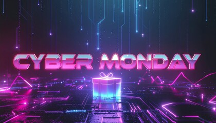 Cyber Monday Announcement Futuristic Neon Gift Box with Digital Circuitry Illustration, Celebrate the Deal!