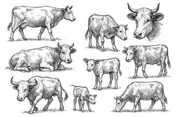 Cow and calf sketches in detailed vintage engraving style, Transparent Background